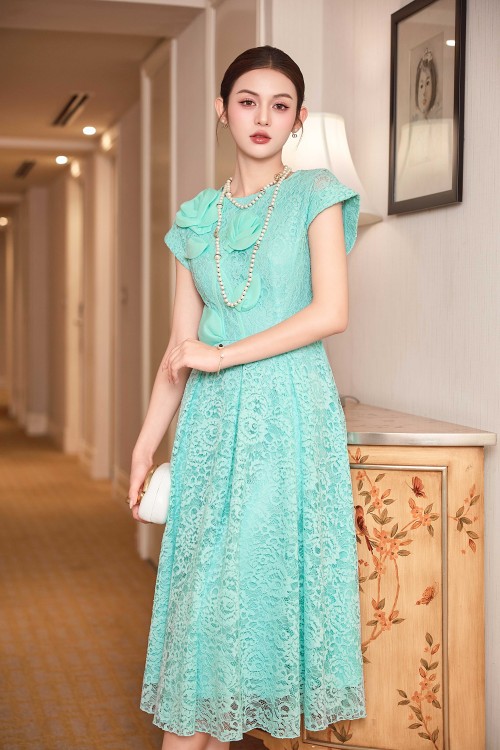 Sixdo Turquoise 3D Flower Lace Flared Dress
